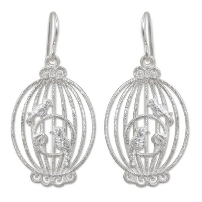 Sterling silver dangle, 'Nightingale Romance' - Brushed Sterling Silver Birdcage Earrings Crafted by Hand