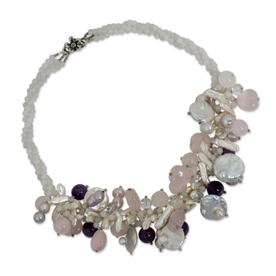 Amethyst and pearl necklace, 'Lilac Rose Garland' - Romantic Rose Quartz, Pearl, and Amethyst Necklace
