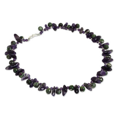 Amethyst and ruby zoisite necklace, 'Vineyard Garland' - Handmade Beaded Amethyst and Ruby Zoisite Necklace