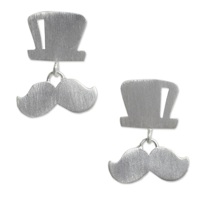 Sterling silver dangle earrings, 'Putting on the Ritz' - Whimsical Brushed Silver Earrings with Top Hat and Mustache