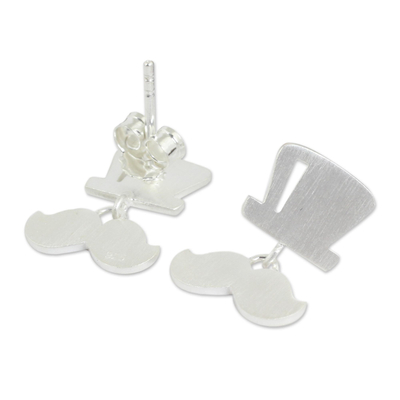 Sterling silver dangle earrings, 'Putting on the Ritz' - Whimsical Brushed Silver Earrings with Top Hat and Mustache