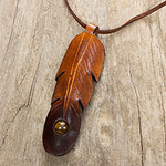 Brown Leather Feather Pendant Necklace with Tiger's Eye, 'Feather Spirit'