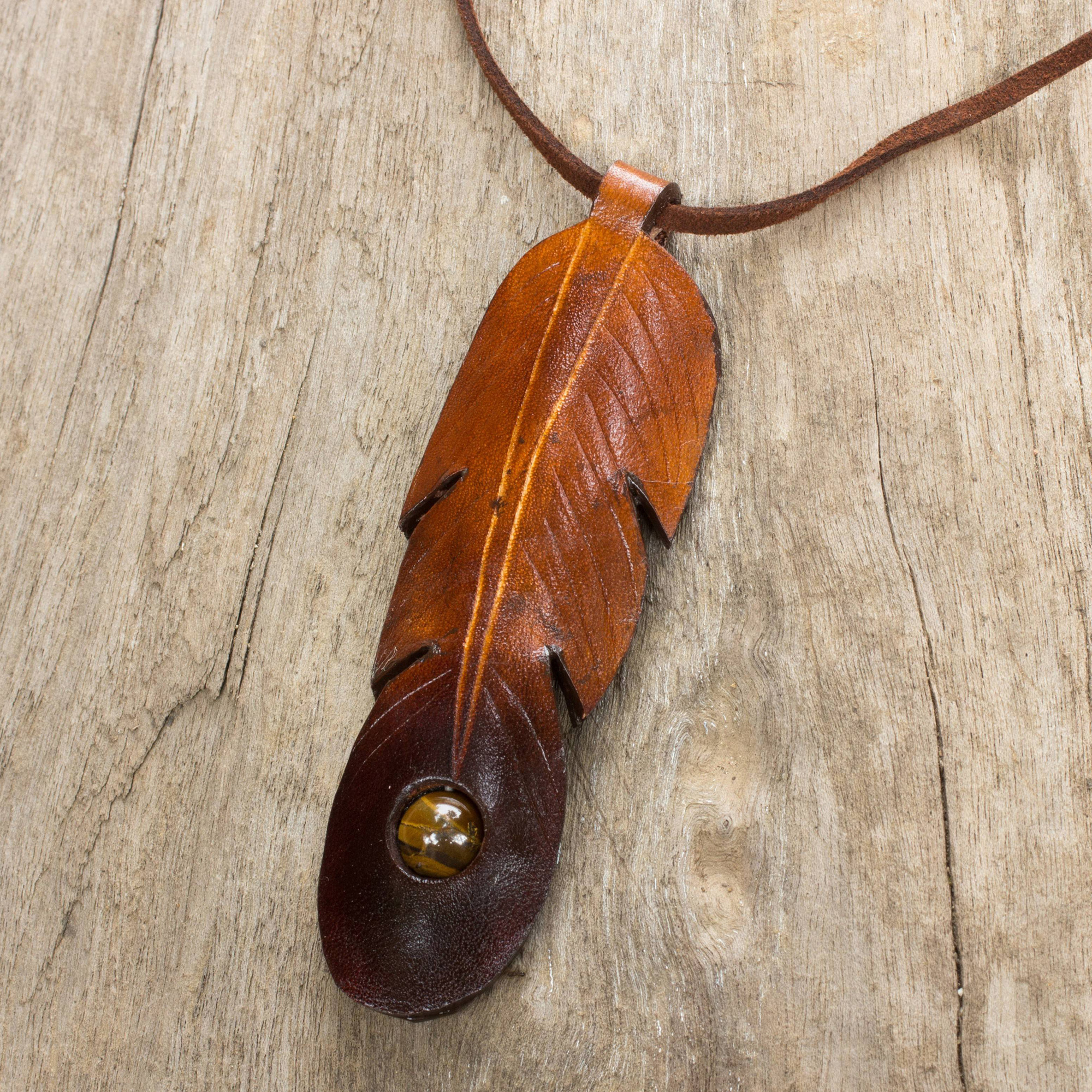 Brown Leather Feather Pendant Necklace with Tiger\'s Eye - Feather Spirit |  NOVICA