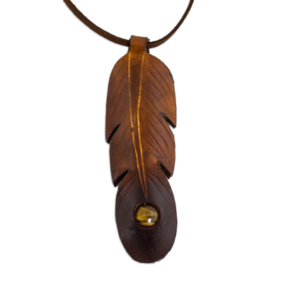 Tiger's eye and leather necklace, 'Feather Spirit' - Brown Leather Feather Pendant Necklace with Tiger's Eye