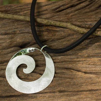 Sterling silver pendant necklace, 'Pacific Surf' - Artisan Sterling Silver 925 Pendant on Black Silk Cord