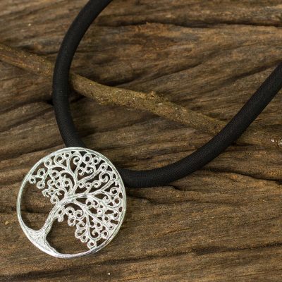 Sterling silver pendant necklace, 'The Tree' - Artisan Necklace Featuring Silver Tree Pendant on Silk Cord