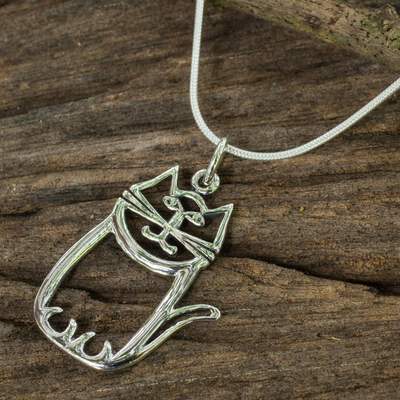 Sterling silver pendant necklace, 'Whimsical Cat' - Charming Sterling Silver Cat Pendant Necklace on Snake Chain