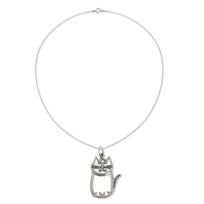 Sterling Silber Anhänger Halskette "Skurrile Katze" - Charmante Schlangenkette aus Sterlingsilber mit Katzen-Anhänger