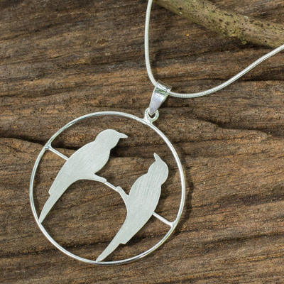 Sterling silver pendant necklace, 'Life Mates' - Handcrafted Brushed Silver Birds Pendant Necklace