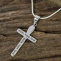 Sterling silver cross necklace, 'Faith, Hope, Love' - Handmade Women's Silver Cross Pendant Necklace