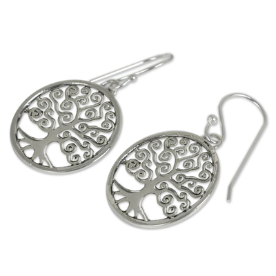 Sterling silver dangle earrings, 'Spiral Tree' - Handcrafted 925 Sterling Silver Tree Dangle Earrings