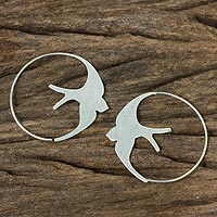 Sterling Silver Endless Hoop Earrings with Bird Design,'The Martin'