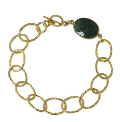 Gold plated quartz link bracelet, 'Golden Forest' - Green Quartz Pendant Bracelet with 24k Gold Plated Links