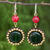 Quartz dangle earrings, 'Woodland Garden Path' - Dark Green and Bright Pink Quartz and Brass Earrings