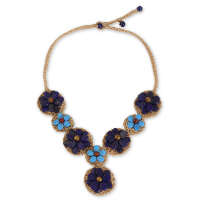 Blue Lapis Lazuli and Calcite Crocheted Flower Necklace