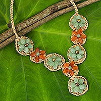 Carnelian and quartz flower necklace, 'Floral Garland in Green' - Hand Made Necklace with Green Quartz and Carnelian Beads