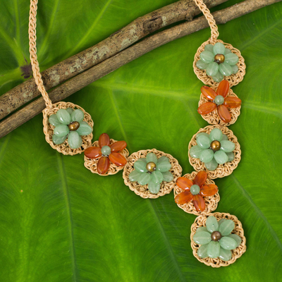 Carnelian and quartz flower necklace, 'Floral Garland in Green' - Hand Made Necklace with Green Quartz and Carnelian Beads
