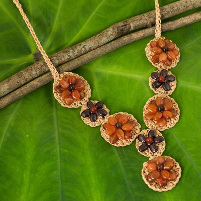 Carnelian and garnet flower necklace, 'Floral Garland in Orange' - Beaded Carnelian and Garnet Floral Pendant Necklace