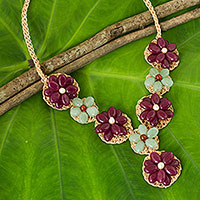 Quartz flower necklace, 'Floral Garland in Berry' - Fair Trade Crocheted Necklace with Quartz Gemstones