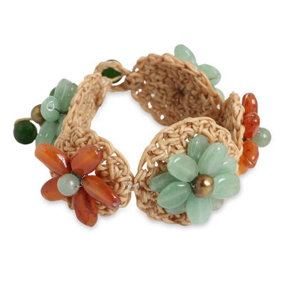 Handmade Flower Bracelet with Carnelian and Quartz Beads