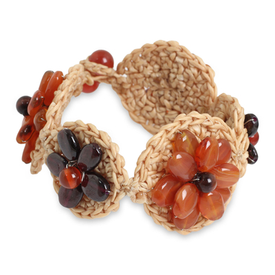 Fair Trade Crocheted Flower Bracelet with Carnelian Beads