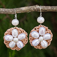 Cultured pearl flower earrings, 'Floral Garland in White' - Hand Crocheted Cultured Pearl Flower Dangle Earrings