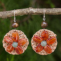 Carnelian and cultured pearl flower earrings, 'Blossoming Lyrics' - Artisan Hand Crocheted Carnelian Gemstone Beaded Earrings