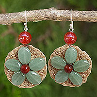Carnelian flower earrings, 'Blossoming Lyrics' - Gemstone Flowers on Hand Crocheted Hook Earrings