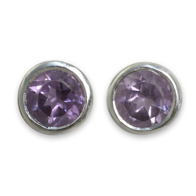 Amethyst stud earrings, 'Light' - Brushed Sterling Silver and Blue Topaz Studs Earrings