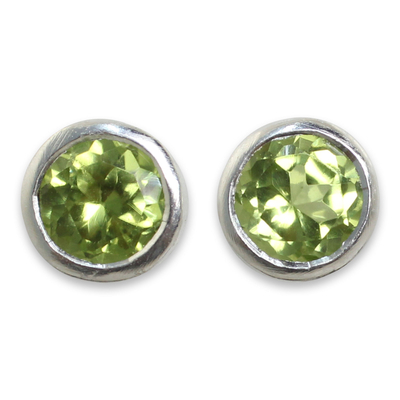 Peridot stud earrings, 'Light' - Peridot on Brushed Sterling Silver Stud Earrings