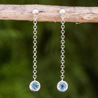 Blue topaz dangle earrings, 'Light' - Sterling Silver Long Earrings with Faceted Blue Topaz