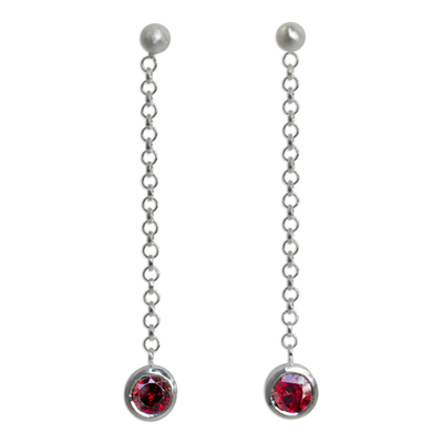 Garnet dangle earrings, 'Light' - Garnet on Long Sterling Silver Earrings Crafted by Hand