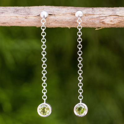 Peridot dangle earrings, 'Light' - Long Sterling Silver Earrings Crafted by Hand with Peridot
