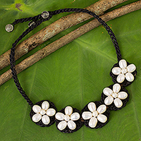 Cultured pearl and quartz flower necklace, 'Blossoming Rhyme' - White Pearl Flowers on Black Necklace Crocheted by Hand