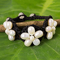 Cultured pearl and quartz flower bracelet, 'Blossoming Rhyme' - White Pearl Flowers on Black Bracelet Crocheted by Hand