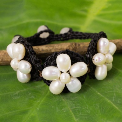 Cultured pearl and quartz flower bracelet, 'Blossoming Rhyme' - White Pearl Flowers on Black Bracelet Crocheted by Hand