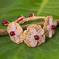 Rose quartz flower bracelet, 'Blossoming Rhyme' - Rose Quartz Flowers on Hand Crocheted Bracelet
