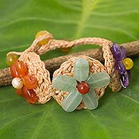Multi gemstone flower bracelet, 'Blossoming Rhyme' - Multi Gemstone Flowers on Beige Hand Crocheted Bracelet