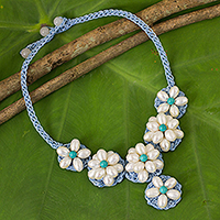 Cultured pearl beaded flower necklace, 'White Daisy' - Crocheted White Cultured Pearl Flower Necklace from Thailand