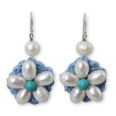 Flower Earrings with White Cultured Pearls and Blue Calcite