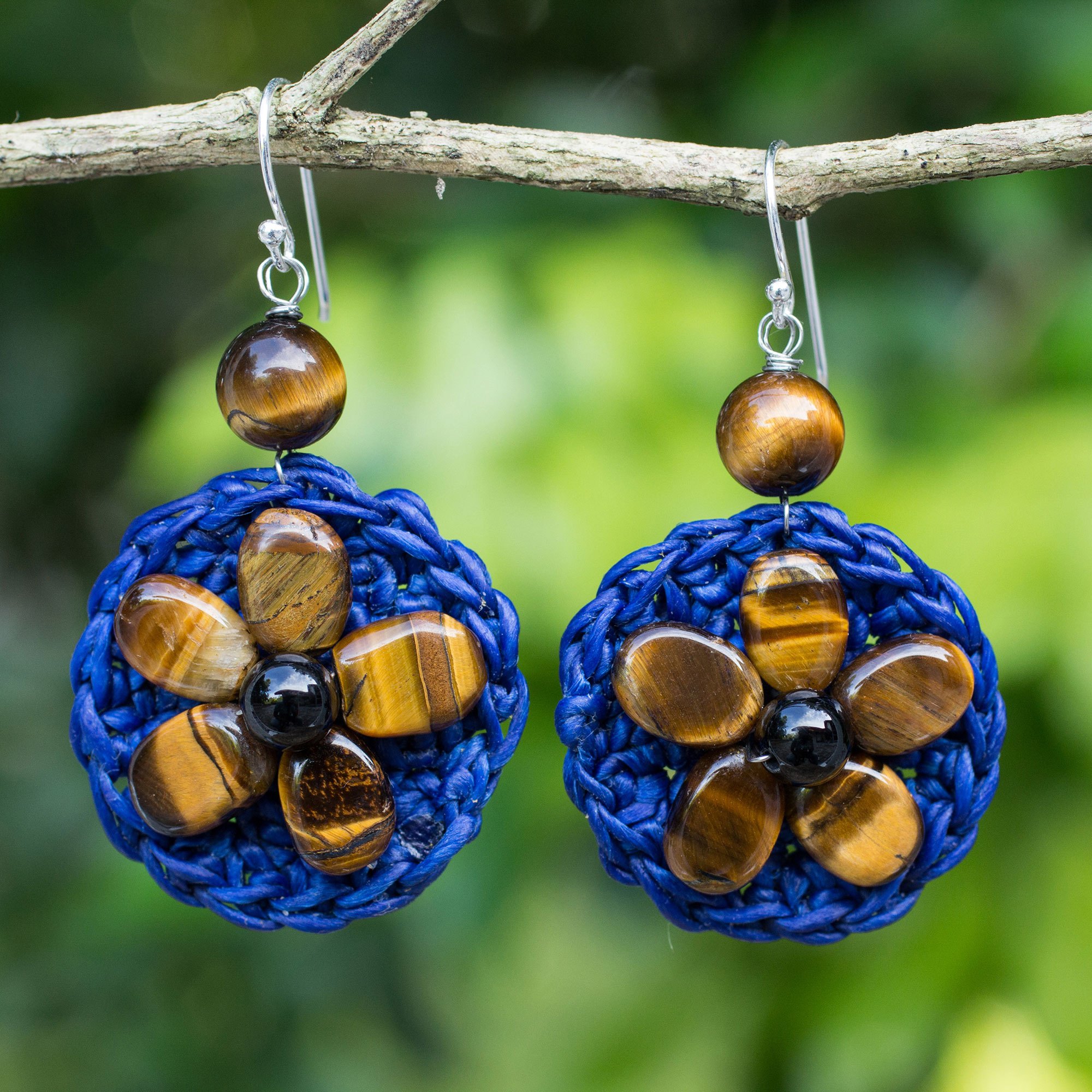 UNICEF Market Hand Made Blue Crocheted Earrings with Tiger's Eye