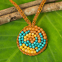 Beaded pendant necklace, 'Honey Enchantment' - Orange Cord Necklace with Quartz and Calcite Beads
