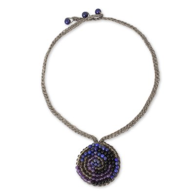 Lapis lazuli and amethyst beaded pendant necklace, 'Fascinate Me' - Spiral Pendant Necklace with Lapis Lazuli and Amethyst