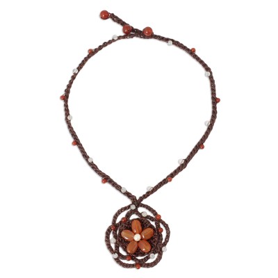 Carnelian Flower Necklace on Hand Crocheted Cords