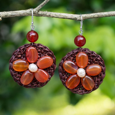 Carnelian beaded dangle earrings, 'Earth Flower' - Brown Dangle Earrings with Genuine Carnelian Flowers