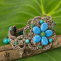 Beaded flower bracelet, 'Blossoming Blue Stargazer' - Turquoise-colored Gems on Hand Crocheted Thai Bracelet