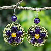 Amethyst flower earrings, 'Blossoming Stargazer' - Artisan Crafted Amethyst Beaded Earrings with Silver Hooks