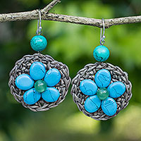 Beaded flower earrings, 'Blossoming Blue Stargazer' - Turquoise-colored Gems on Hand-crocheted Earrings