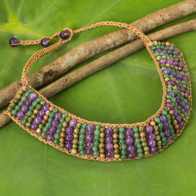 Unakite and amethyst beaded necklace, 'Ethnic Parallels' - Crocheted Choker Necklace with Unakite, Amethyst and Quartz