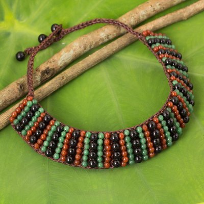 Carnelian and quartz beaded necklace, 'Ethnic Parallels' - Carnelian and Onyx Handmade Boho Choker Necklace